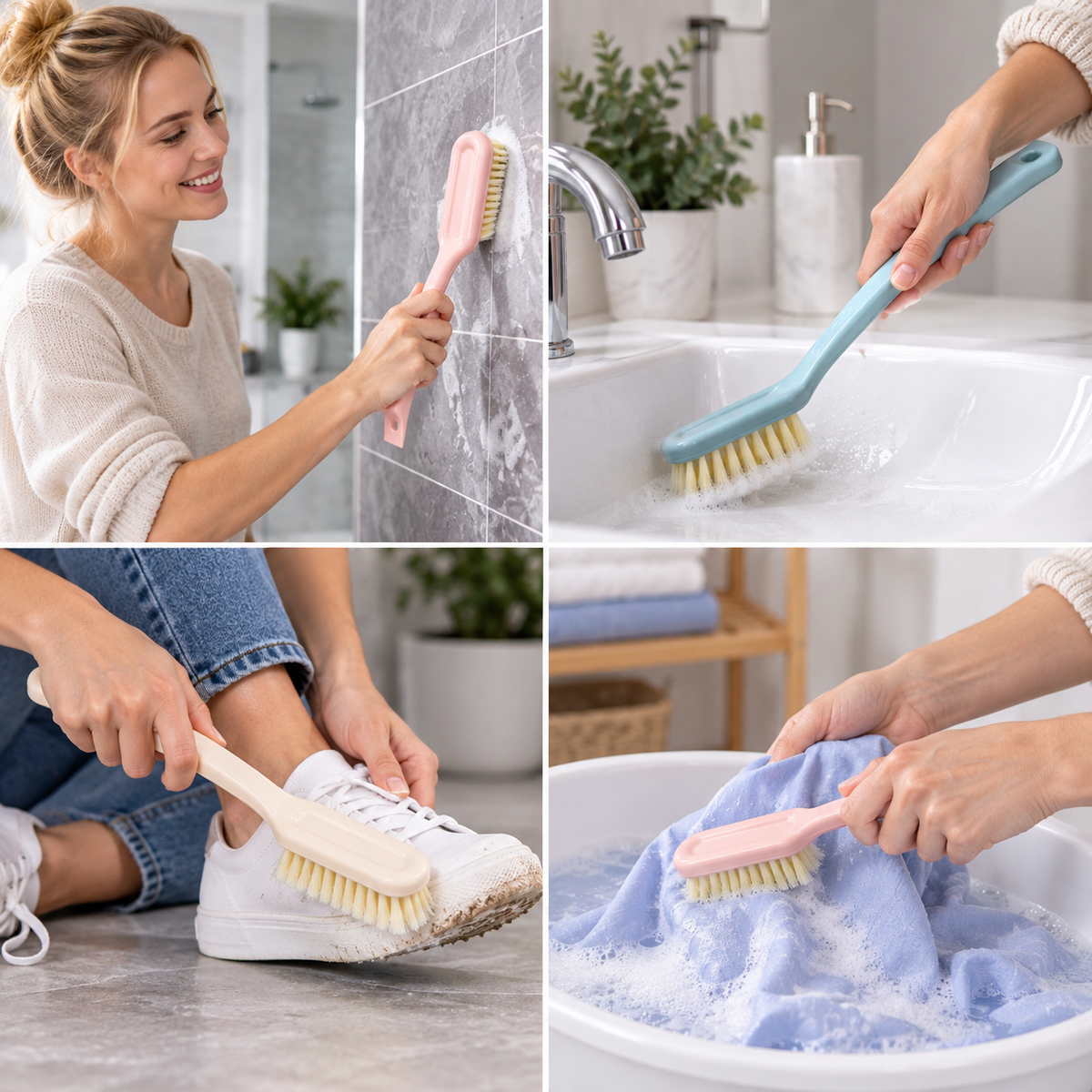 Multi-Purpose Long Handle Cleaning Brush with Dense Soft Bristles for Shoes, Clothes, Bathroom and Household Cleaning