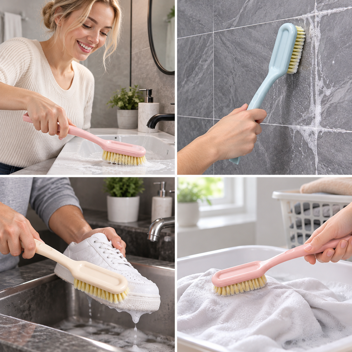 Multi-Purpose Long Handle Cleaning Brush with Dense Soft Bristles for Shoes, Clothes, Bathroom and Household Cleaning