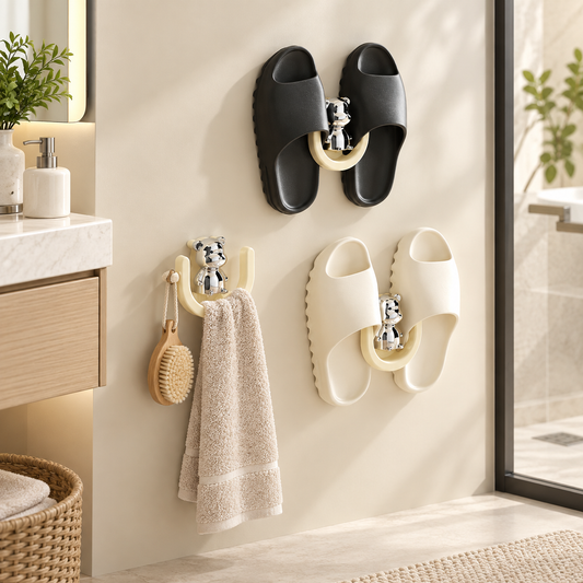 Wall Mounted Slipper Holder, No Drill Adhesive Storage Hook for Bathroom Towel Brush and Household Organization