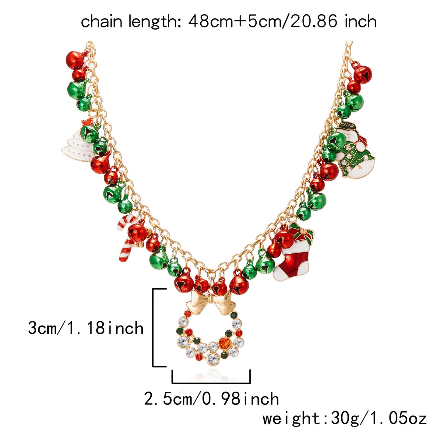 Christmas-themed Necklace for Women, Santa Claus Wreath Rhinestone Pendant, Christmas Bell and Tree Sweater Chain